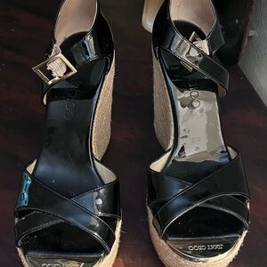 Jimmy Choo Black Patent Wedge Sandals